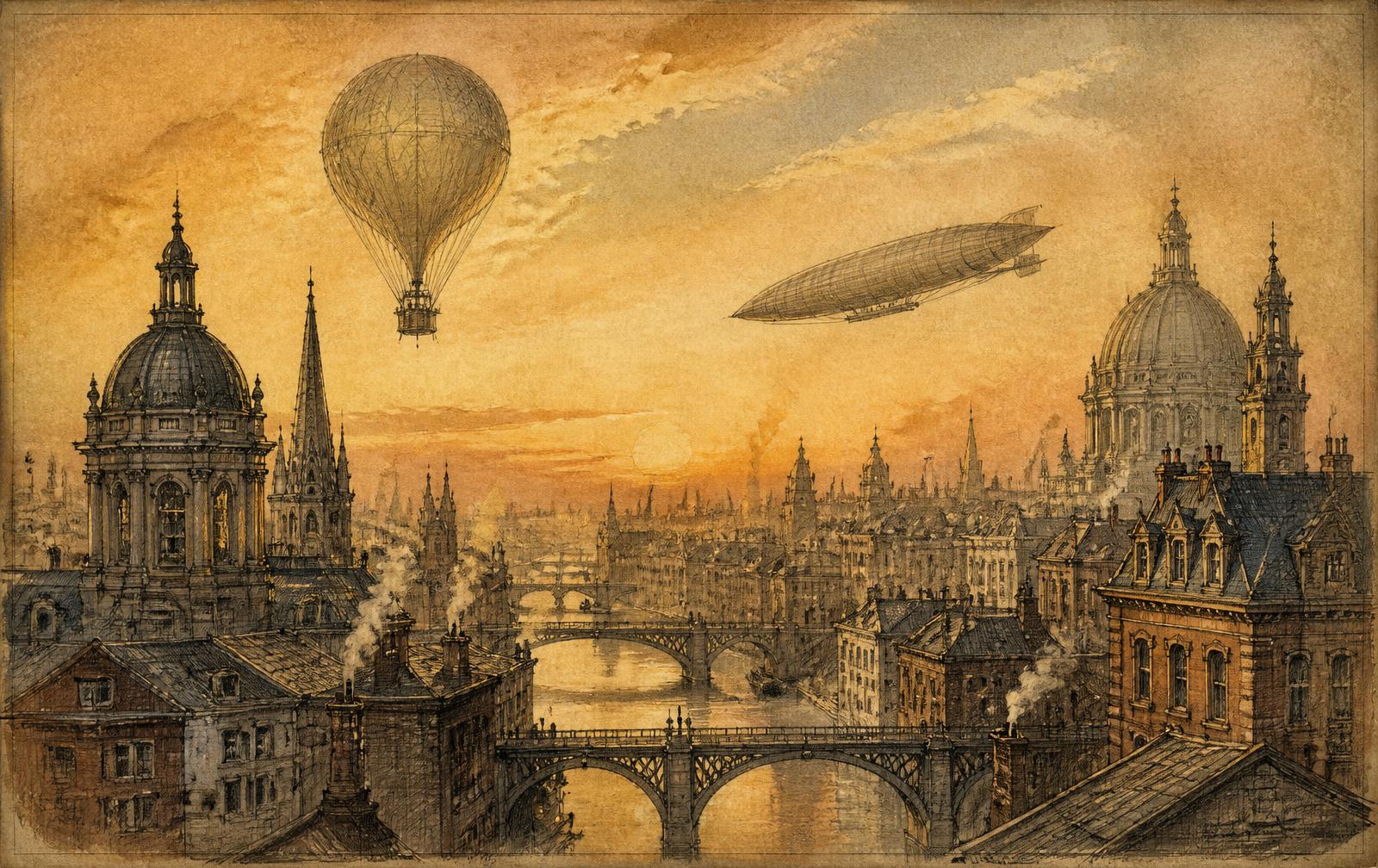 Sunset over London, with a balloon and air-ship aloft